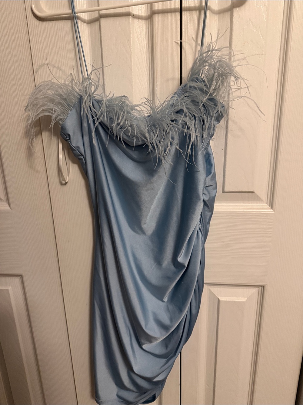 B Darlin Light Blue Feather-Trim Satin Camisole Dress